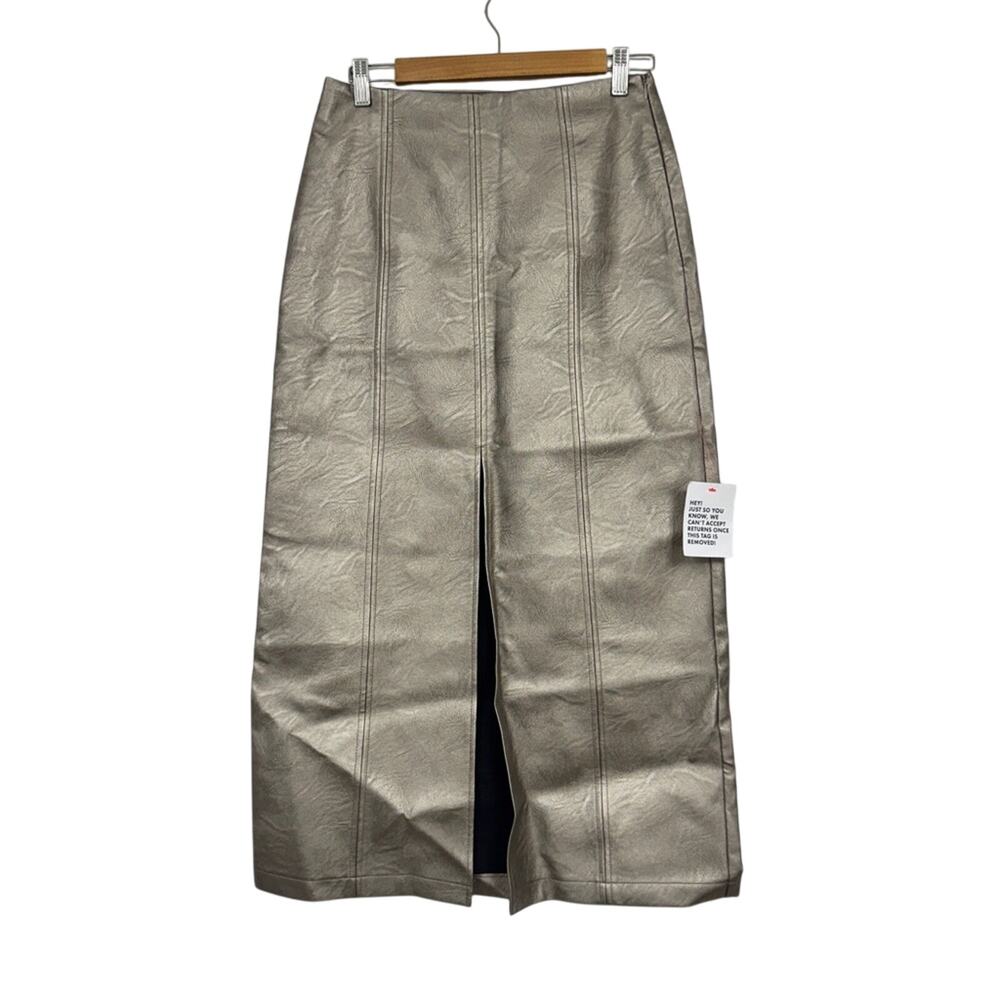 Topshop Silver Faux Leather Maxi Skirt Womens 6 Slit Whimsigoth Gunmetal Fall